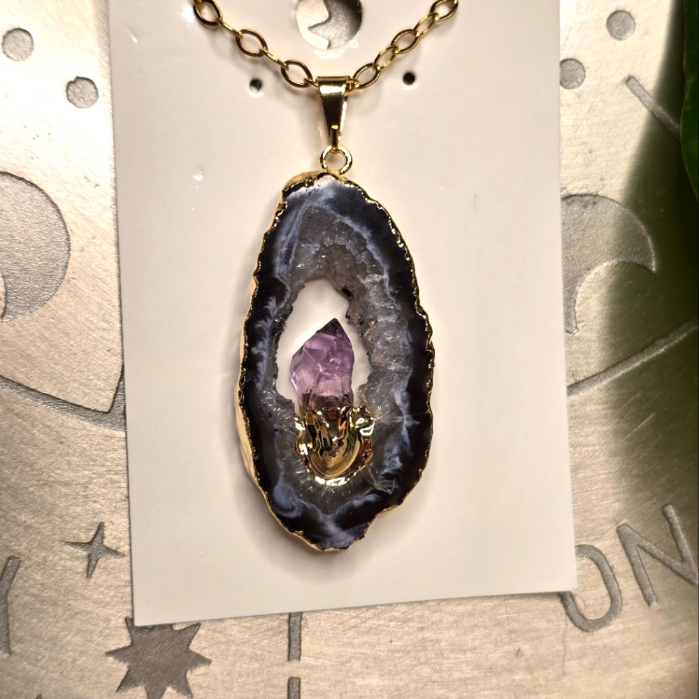 Druzy Agate with Amethyst electroplated from Brazil Necklace